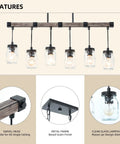Boss Gold Farmhouse Chandelier With Six Lights showcasing clear glass lampshades with metal frame and wood grain finish