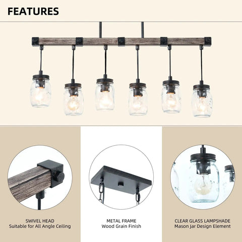 Boss Gold Farmhouse Chandelier With Six Lights showcasing clear glass lampshades with metal frame and wood grain finish