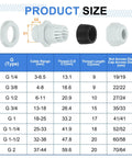 Five Piece G Half Inch Nylon Cable Glands Waterproof Cord Grip Connector With Adjustable Six To Eleven Millimeter Wire Grommet Protectors Includes Gaskets And Locknut For Junction Box Gray product dimensions and size chart