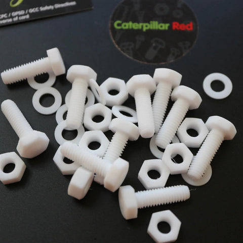 Top Shelf Natural PTFE Hex Head Bolts With Matching Nuts And Washers M6 X 20mm in white, corrosion resistant plastic fasteners for tough tasks.