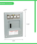 Top Shelf Indoor Electrical Load Center 100 Amp 6 Space 12 Circuit Main Lug Service Panel shown with dimensions 8.90x12.56x3.82 inches.