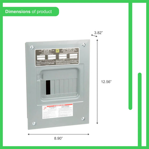 Top Shelf Indoor Electrical Load Center 100 Amp 6 Space 12 Circuit Main Lug Service Panel shown with dimensions 8.90x12.56x3.82 inches.