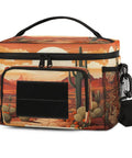 Cactus Desert Tactical Lunch Bag For Men And Women, insulated cooler with desert design, front angle view with mesh pockets.