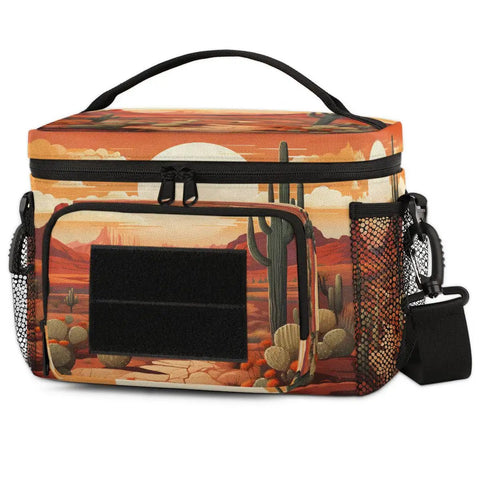 Cactus Desert Tactical Lunch Bag For Men And Women, insulated cooler with desert design, front angle view with mesh pockets.