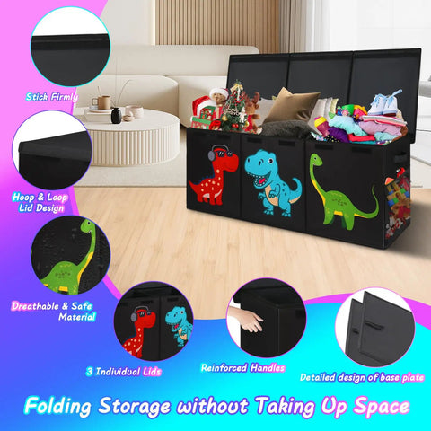 Giant Collapsible Toy Box With Lids Extra Large 40x16x16 Inches Storage Chest For Kids Playrooms Living Rooms And Nurseries Perfect For Plushies Blankets Clothes Groceries And More, featuring dinosaur design with open lids and storage items.