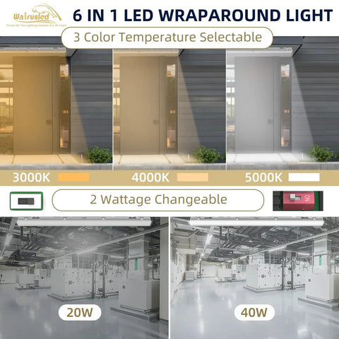 6 in 1 LED Wraparound Light with 3 color temperatures, 20W and 40W options for versatile lighting solutions.