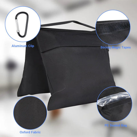 Two Pack Heavy Duty Sand Bags for Tripods, Umbrella Bases, and Photo Gear, Black Weight Bags with aluminum clip and PE liners