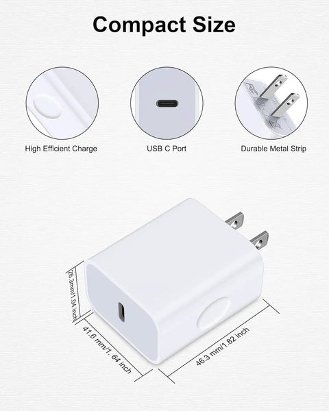 20W USB C Fast Charger Block With PD 3.0 For iPhone And iPad, compact size with USB C port and metal plug