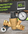 RV Water Pressure Regulator for Campers and Travel Trailers with Brass Lead Free Reducer Kit Adjustable Valve and Inlet Screen Filter Protect Your RV Water System from High Pressure While You Roll Up To 160 PSI product image showing brass valve and pressure gauge.