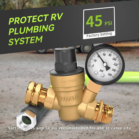 RV Water Pressure Regulator for Campers and Travel Trailers with Brass Lead Free Reducer Kit Adjustable Valve and Inlet Screen Filter Protect Your RV Water System from High Pressure While You Roll Up To 160 PSI product image showing brass valve and pressure gauge.