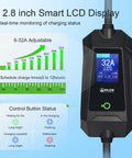 Level 2 Electric Vehicle Charger With 32 Amp Output And 16 Foot Cable Dual Nema Plugs showing 2.8 inch LCD display for charging status.