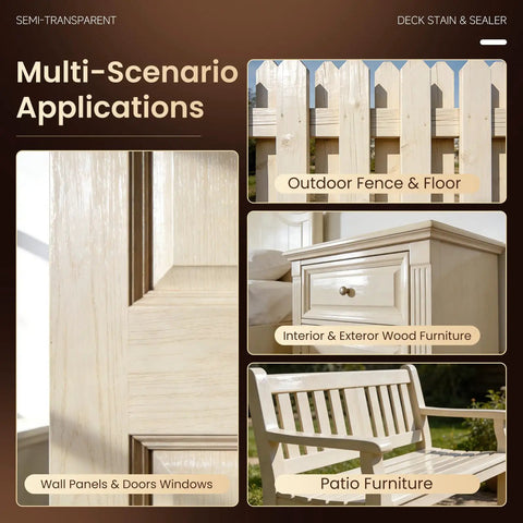Hella Tough Heavy Duty Outdoor Wood Stain And Sealer Combo For Deck Fence And Patio Furniture Water Based Fast Dry Low Odor Semi Transparent Antique Brown 32 Oz Can shown on various wood applications.