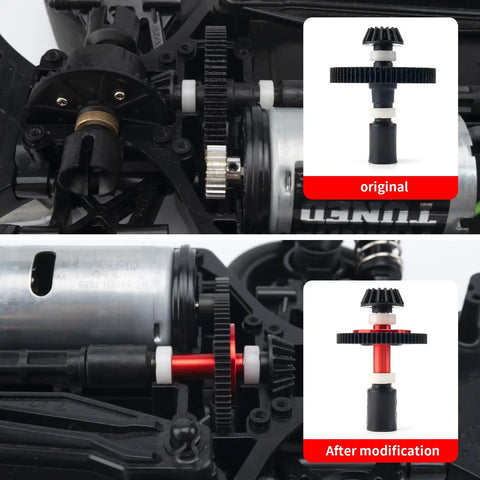 Steel Spur Gear Set 63T 64T 66T 71T Beefed Up High Speed Gear Set For TT02 Series RC Cars, before and after installation comparison