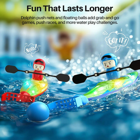 Two Pack Remote Control Boats For Kids Ages 6 To 12 With Dolphin Ball Catching Nose in pool racing with LED lights.
