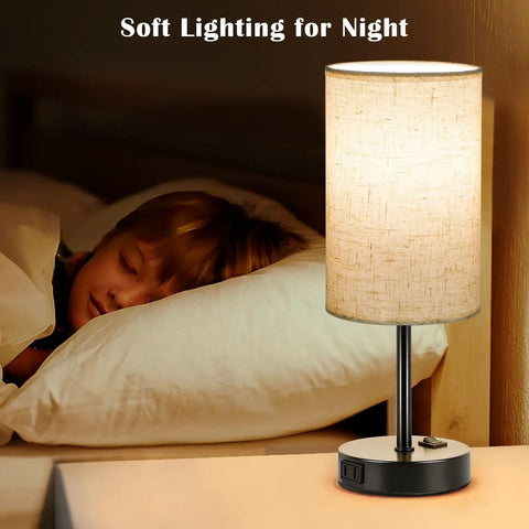 Set Of 2 Bedside Table Lamps For Bedroom And Living Room With 3 Way Dimmable Rocker Switch And Built In AC Outlet Flaxen Fabric Shade Black Base Nightstand And Desk Lamp For Cozy Home Decor