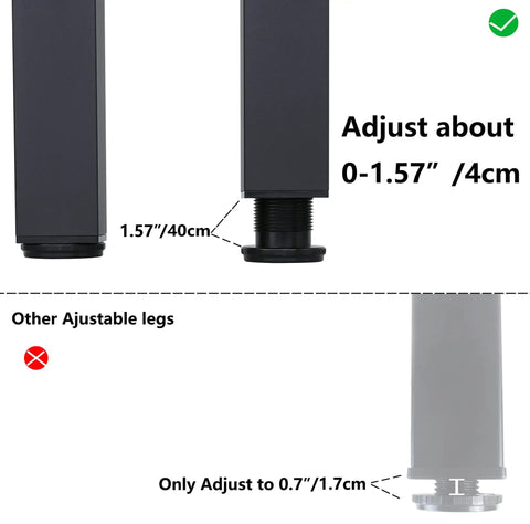 Comparison of Heavy Duty Adjustable Table Leg Set Of 4, 28 Inch, showing adjustable range of 0-1.57 inches versus 0.7 inches.