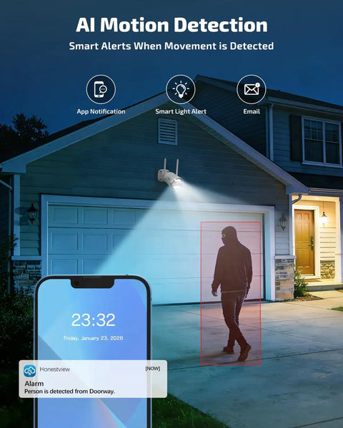 130 Degree Wide Angle Wireless Outdoor Security Camera System with Two Way Audio detecting motion at night outside a house.