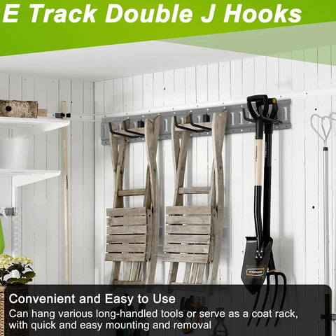 Installed 2 Pack E Track J Hooks Heavy Duty Steel E Track Double Hooks For E Track Systems in garage holding chairs.