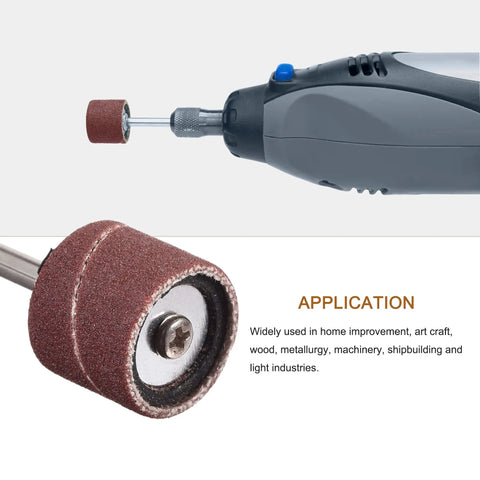 Close-up of 320 Grit Sanding Sleeves Set With One Hundred Pieces Of Half Inch Sleeves And Two Drum Mandrels For Rotary Tools in use