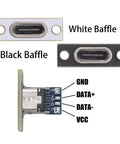 Top view of USB 3.1 Type C 24 Pin Female Receptacle Socket Adapter with black and white aluminum baffles, for PCB board support module.