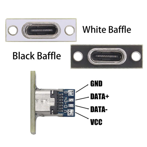 Top view of USB 3.1 Type C 24 Pin Female Receptacle Socket Adapter with black and white aluminum baffles, for PCB board support module.