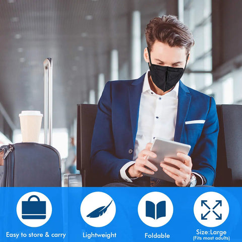 Man in airport lounge wearing KN95 Black Face Masks Pack Of 30 With 5 Layer Filtration Over 95 Percent Efficiency