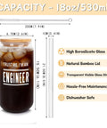 Engineer Mug For Him A Funny Gag Gift Durable Glass Cup ice coffee shown with bamboo lid and included glass straw and brush cleaner.