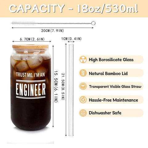 Engineer Mug For Him A Funny Gag Gift Durable Glass Cup ice coffee shown with bamboo lid and included glass straw and brush cleaner.
