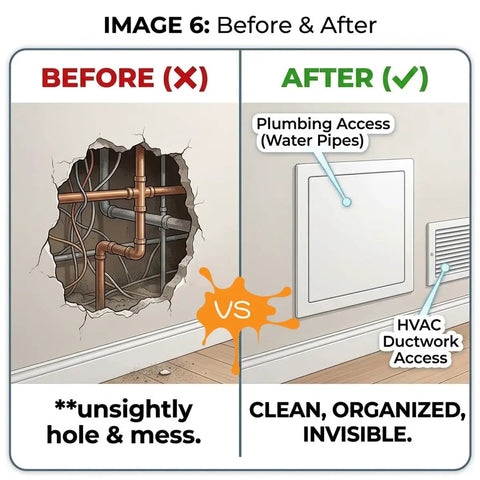 Before and after showing Heavy Duty Aluminum Access Panel For Drywall And Ceiling, Large Attic Access Door For Hvac Plumbing, Self Adhesive Flush Mount Wall Cover With Magnetic Latch, White 12x18 Inch.