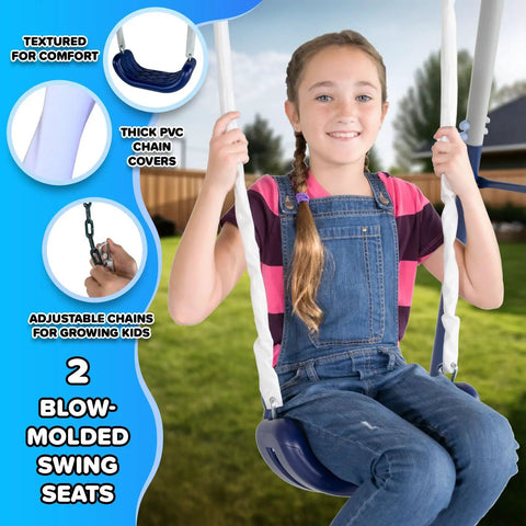 Child on Arcadia Metal Swing Set For Kids With Trapeze And Two Person Glider, Five Foot Wave Slide, 6.1 Foot Durable Steel Frame