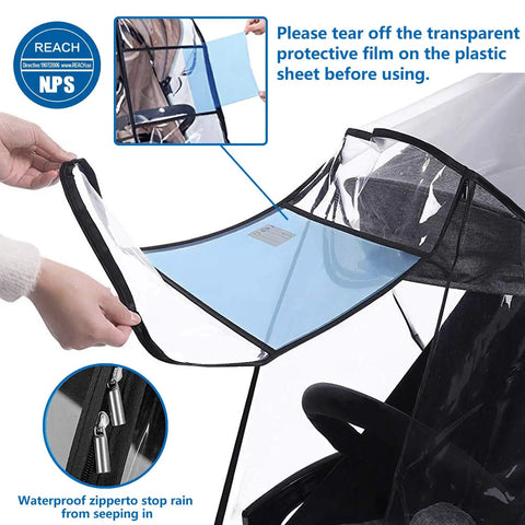 Must-Have All Weather Stroller Rain Cover And Baby Mosquito Net 2-Piece Set with transparent film being removed