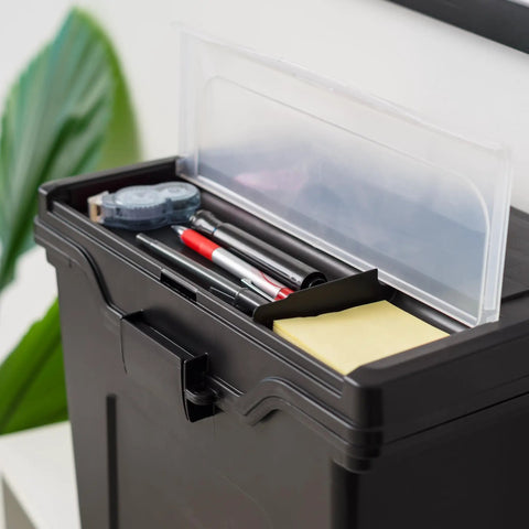 Lockable File Box With Lid For Letter Files Portable Document Organizer With Hanging File Ledge Water Resistant Handy Carry Handle Secure Buckle Black showing organized storage with lid open and a plant in the background