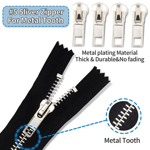 Zipper Repair Kit For Size Five Zippers, 76-Piece Auto Lock Pulls With Bottom And Top Stops, showing metal tooth design.