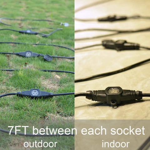 50 Foot 12 Gauge Outdoor Power Extension Cord With Seven Outlets ETL Listed IP44 Weatherproof Cap shown in outdoor and indoor setups