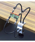 Pro Grade Four Arm Third Hand Soldering Stand with Adjustable Gooseneck Arms and Stainless Steel Alligator Clamps holding PCB