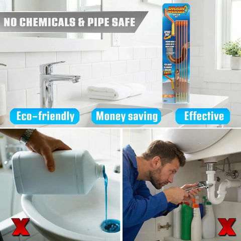 Drain Hair Clog Remover Kit With Rotating Handle Auger Easy Plumbing Snake For Shower And Tub Drains Includes 5 Disposable Wands No Tools Or Harsh Chemicals Fast Hair Grab Made In USA packaging on bathroom counter next to a demonstration of use.