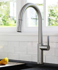 Game Changer Stainless Steel Pull Down Kitchen Faucet With Spot Free Brushed Finish and Full Range Swivel Spout in kitchen sink.