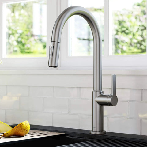 Game Changer Stainless Steel Pull Down Kitchen Faucet With Spot Free Brushed Finish and Full Range Swivel Spout in kitchen sink.