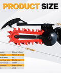 Universal Skid Steer Trencher Attachment 59 Inch Trenching Depth for Clay Sand and Rocky Soil, Compatible With Bobcat And Most Skid Steers, Easy Install, Heavy Duty Construction Tool, USA Stock, side view with dimensions and specifications displayed.