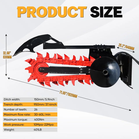 Universal Skid Steer Trencher Attachment 59 Inch Trenching Depth for Clay Sand and Rocky Soil, Compatible With Bobcat And Most Skid Steers, Easy Install, Heavy Duty Construction Tool, USA Stock, side view with dimensions and specifications displayed.