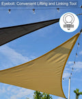 Outdoor area with sail shades connected using 4 Pack 1/4-20 UNC Eye Bolts 304 Stainless Steel Marine Grade Eyebolts With Ring For Lifting.