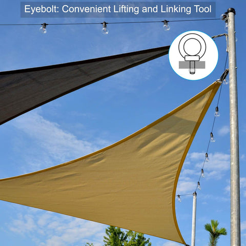 Six Pack 1/4-20 UNC Lifting Eye Bolts Set installed on a pole, securing sunshade sails, 316 stainless marine grade, outdoor use