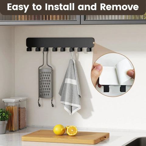 Wall Mounted Key Rack With 8 Hooks For Car Keys No Drill Adhesive Backing Or Screw Mount Heavy Duty Metal Key Organizer Black Finish Rust Resistant Easy Access Key Holder installed in kitchen