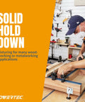 Woodworker using Heavy Duty T Track Hold Down Clamps Set Four Pack For Woodworking Pro Grade Quality Five And A Half Inch Long By One And One Eighth Inch Wide Universal T Slot Clamp Kit with bolts, washers, and knobs in workshop setup.