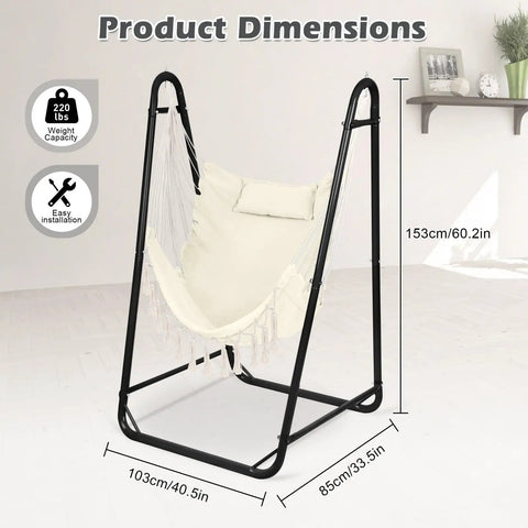 U Shaped Stand Hammock Chair With Cotton Swing Seat And Side Pocket, Heavy Duty Metal Frame For Indoor Outdoor Use dimension view