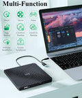 Ultra Slim External CD DVD Drive Type C 3.0, Plug And Play Portable Optical Drive, 13mm Thick, Travel Friendly For Laptops And Desktops, No Power Adapter Needed, Perfect For The On The Go Data And Media. USB-C drive connected to a MacBook for CD/DVD use