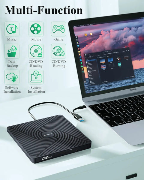 Ultra Slim External CD DVD Drive Type C 3.0, Plug And Play Portable Optical Drive, 13mm Thick, Travel Friendly For Laptops And Desktops, No Power Adapter Needed, Perfect For The On The Go Data And Media. USB-C drive connected to a MacBook for CD/DVD use