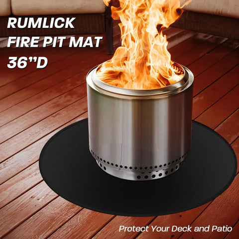 36 Inch Round Fire Pit Mat For Outdoor Grills And Portable Stoves Fireproof Fiberglass Under Grill Mat To Shield Deck From Sparks And Grease Versatile Camping Accessory For Fire Pit Setup placed under a metal fire pit on a patio.