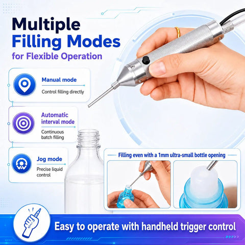 Savage High-Flow Automatic Bottle Filler Machine With Precision Multi-Mode Tech For Narrow Mouth Bottles And Tiny Neck Diameters Starting At 2mm, showcasing multiple filling modes and control options.