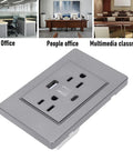 Modern Wall Outlet Featuring Integrated Usb A And Type C Fast Charge Ports 15A Dual Receptacle with gray finish for office use.